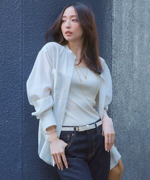  【洗える】バンドカラー シアー シャツ