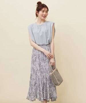  【2SET】コンパクトトップス×ミスティプリントスカート セットアップ