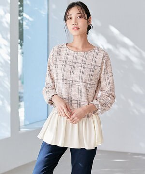  【洗える】ネップツイードペプラム カットソー