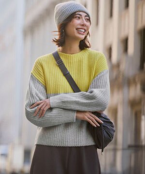 【洗える】ウールカシミヤ カラーブロック バルキー ニット