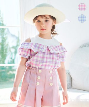  チェック オフショルダー ブラウス