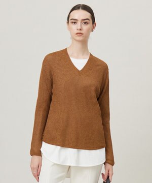  【洗える】 ペーパーブレンドシャインニット Vネックプルオーバー