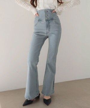  【ストレッチ/美脚/脚長シルエット/XSSMサイズ展開】ハイウエストストレッチフレアデニムパンツ