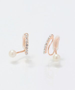  【痛くないシリーズ】ラインストーンパールフロートライトフィットイヤリング　シャンパンゴールド