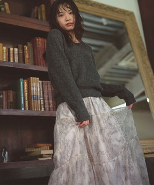 ニット×ティアードレース スカート