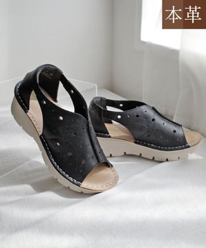  本革 超軽量厚底パンチングサンダル