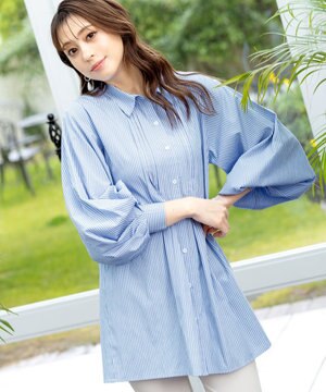  【洗える】パフ袖シャツチュニックブラウス