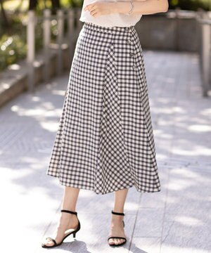  【洗える】アセVisギンガム フレアー スカート