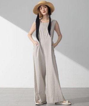  【洗える】リネンレーヨンストレッチ スクエアネック オールインワン