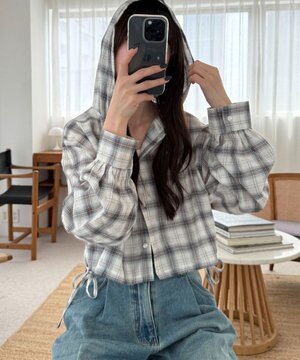  チェックショートフードシャツ
