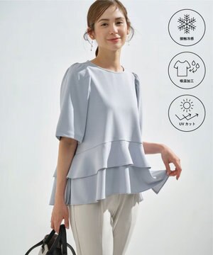 【接触冷感・吸湿・UVカット】ジョーゼットジャージーフリルブラウス