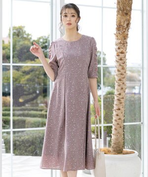 【洗える】ギャザースリーブ花柄ワンピース