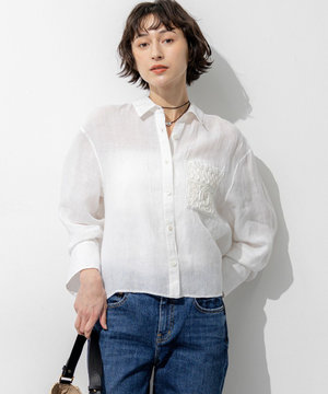 LIBECOリネン ポケット刺繍 クロップドシャツ