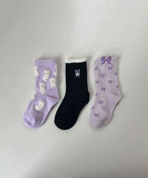  【3点セット】ソックス （ネコ・リボン）