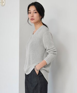 【洗える】 ペーパーブレンドシャインニット Vネックプルオーバー
