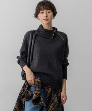  ボイルドウールコンビ ジップ タートルニット