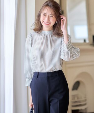  【洗える】フェイクパールストライプ ブラウス