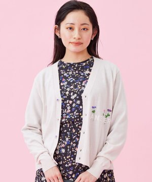 【洗える】フラワーエンブロイダリー エクストラファインメリノ カーディガン