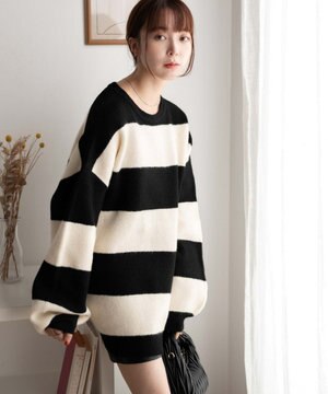  ボーダーフラッフィービッグニット