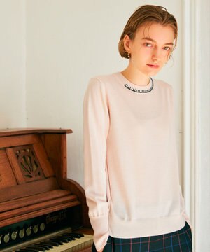 【洗える】ステッチトリム ウールベーシック プルオーバーニット