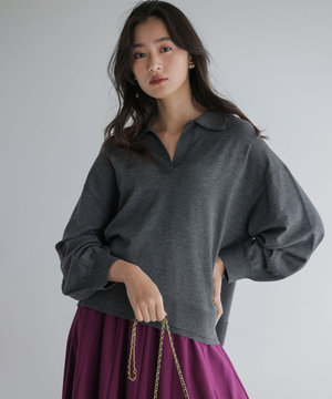 【加藤ローサさん着用】ポロ襟ストレッチニット