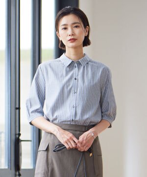  【洗える】BEZ空羽ストライプ シャツカラー ブラウス