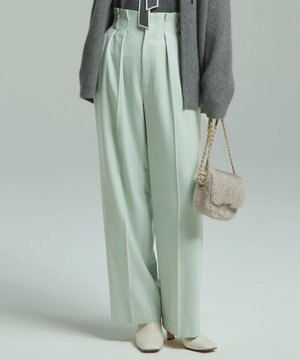  ナチュラルストレッチサキソニー タック ワイドパンツ