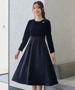  【洗える】ベロア異素材ドッキングワンピース