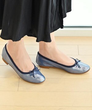 【本革・高反発】Roundラウンドトゥ ネイビーメタリックバレエシューズ