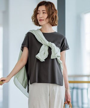  【洗える】スムースコンビジャージー フレンチスリーブ カットソー