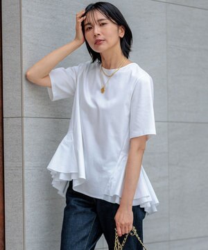  【洗える】コットンポンチコンビジャージー ペプラム カットソー