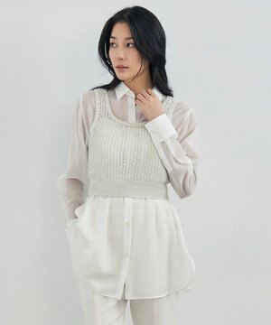  【洗える】 シャインポリエステルクロッシェ ニットベスト