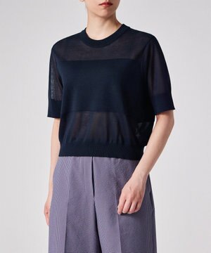  【洗える】シアーボーダー 半袖ニット