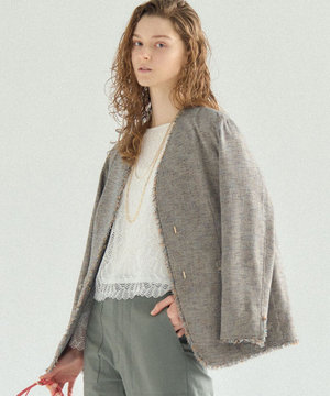 リネンライクブッチャー フリンジノーカラージャケット