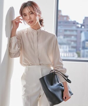  ハウンドトゥースプリント スタンドカラー ブラウス