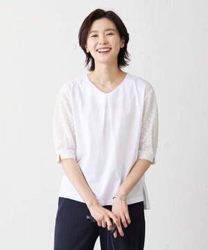  【吸水速乾】レーシーコンビ Vネック カットソー