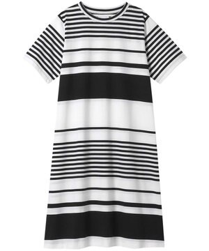  綿100％ ハイゲージ天竺パネルボーダー 半袖ワンピース