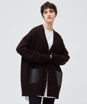  【洗える】LEADER / フェイクレザーポケットオーバーサイズカーディガン
