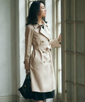  コットンポリエステルギャバジン ロング トレンチコート