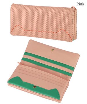  エンボスメッシュ かぶせ 長財布 ねこステッチ