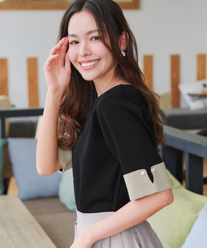  【洗える】配色カフスニットトップス