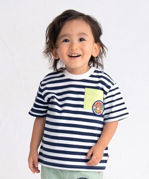  【80-120cm】 ポケット付き 先染め ボーダー柄 半袖Tシャツ