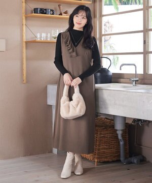  【洗える】アシメフリルVネックジャンパースカート