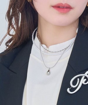  パール×ドロップメタル3連ネックレス　シルバー