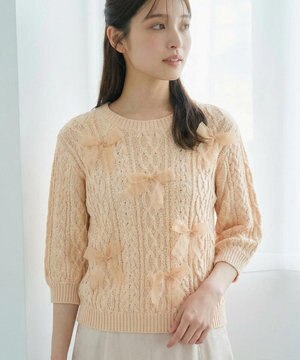  【洗える】デザインリボンニット