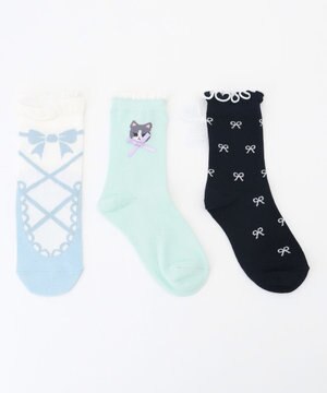  【3点セット】ソックス （ネコ×リボン）