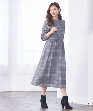 【洗える】バンドカラーチェック柄シャツワンピース