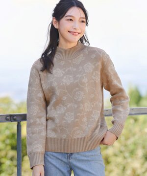  【洗える】フラワージャガードニットトップス