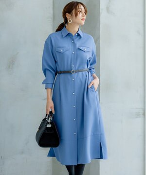 【サッシュベルト付き】パールボタンシャツワンピース