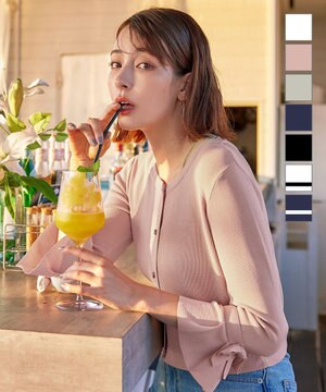  【洗える】袖口フレアリボンニットカーディガン